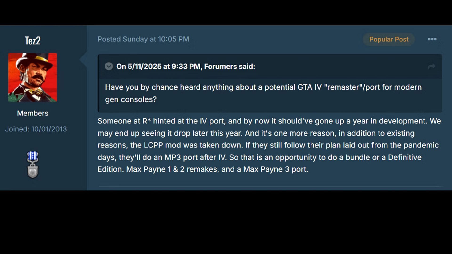 Tez2's statement regarding a Grand Theft Auto 4 Current-Gen console port (Image via GTAForums)